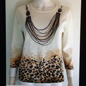 💋Alfred Dunner Petite Leopard Bead Chain Knit Top
